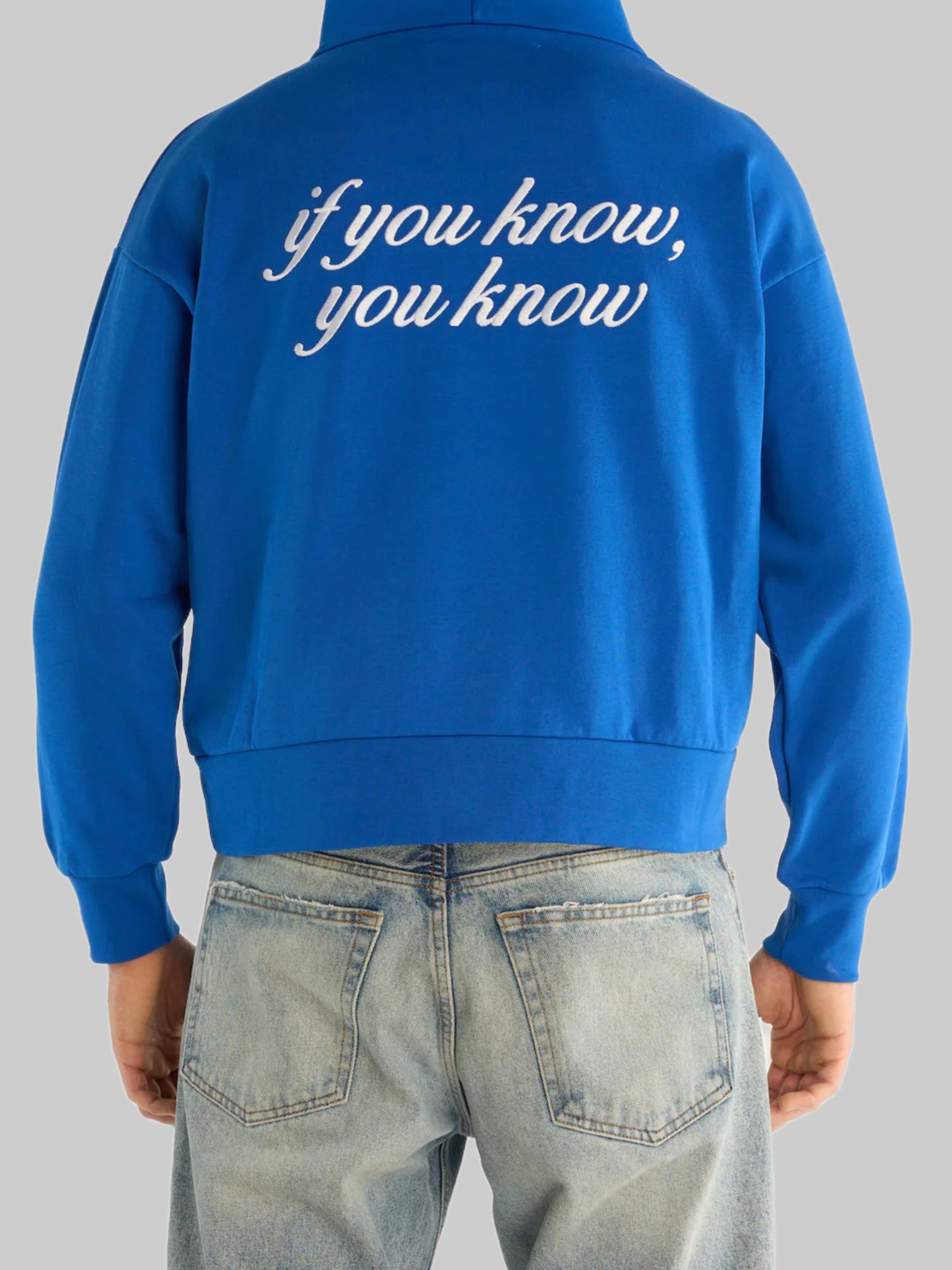 Royal Blue Embroidered Boxy Hoodie 'If you know' Garment Workshop